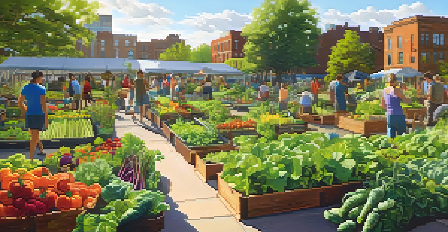 A community garden in Minneapolis with people tending to vegetables and flowers, featuring eco-friendly buildings in the background under golden sunlight.