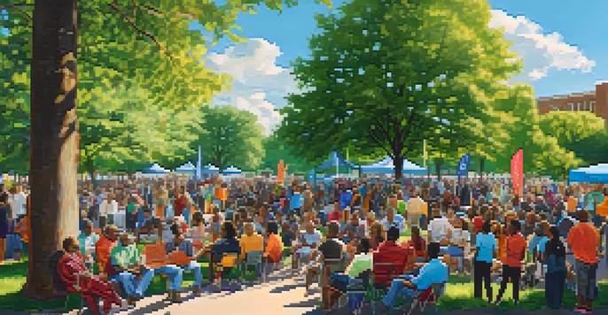 A lively community event in a park, with diverse individuals participating in discussions and activities, colorful banners in the background, and bright sunlight filtering through the trees.