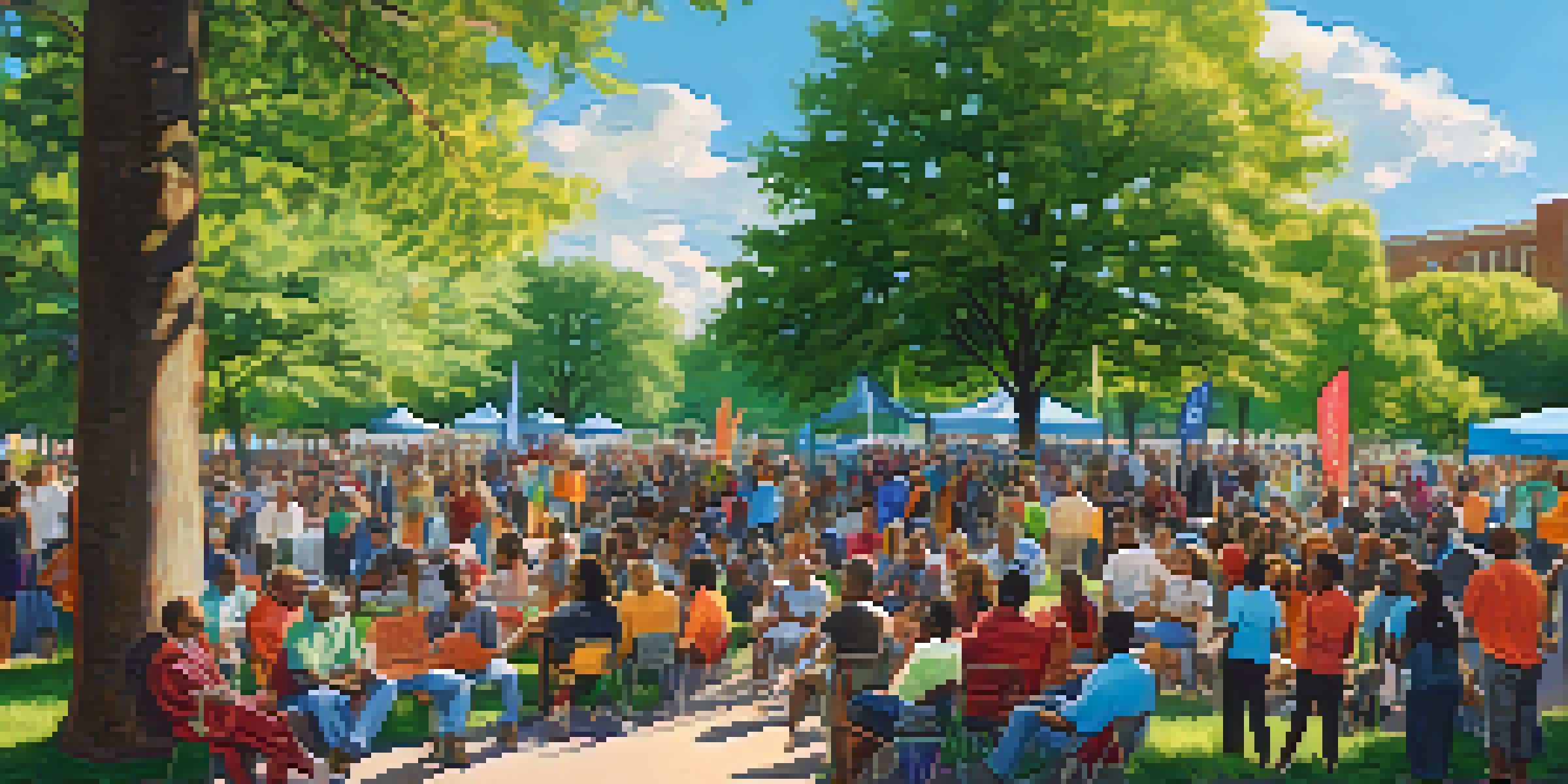 A lively community event in a park, with diverse individuals participating in discussions and activities, colorful banners in the background, and bright sunlight filtering through the trees.