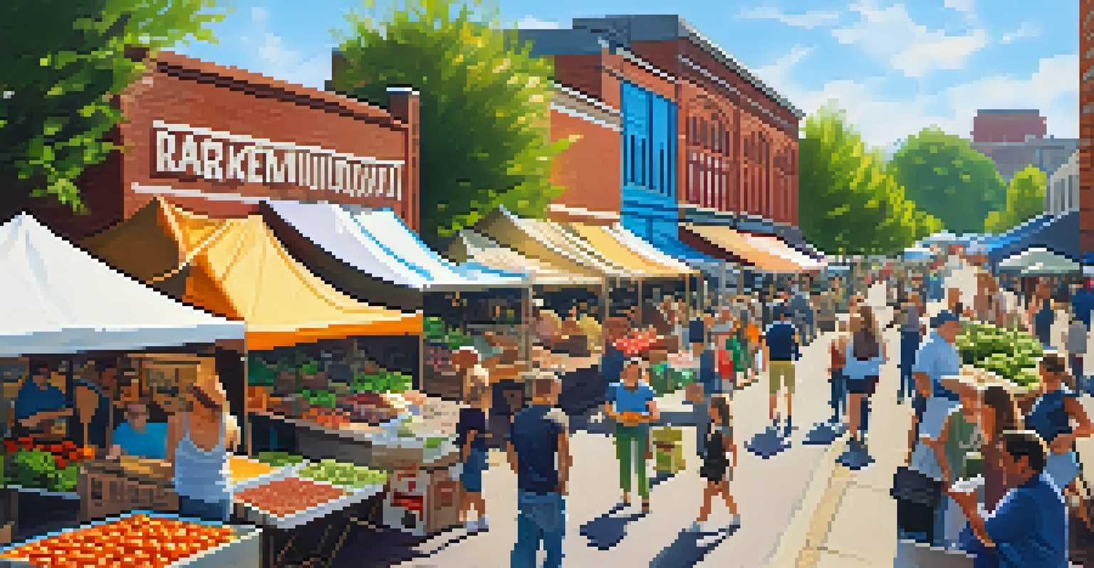 A bustling farmers' market in Minneapolis with local vendors and families enjoying fresh produce and crafts under bright sunlight.