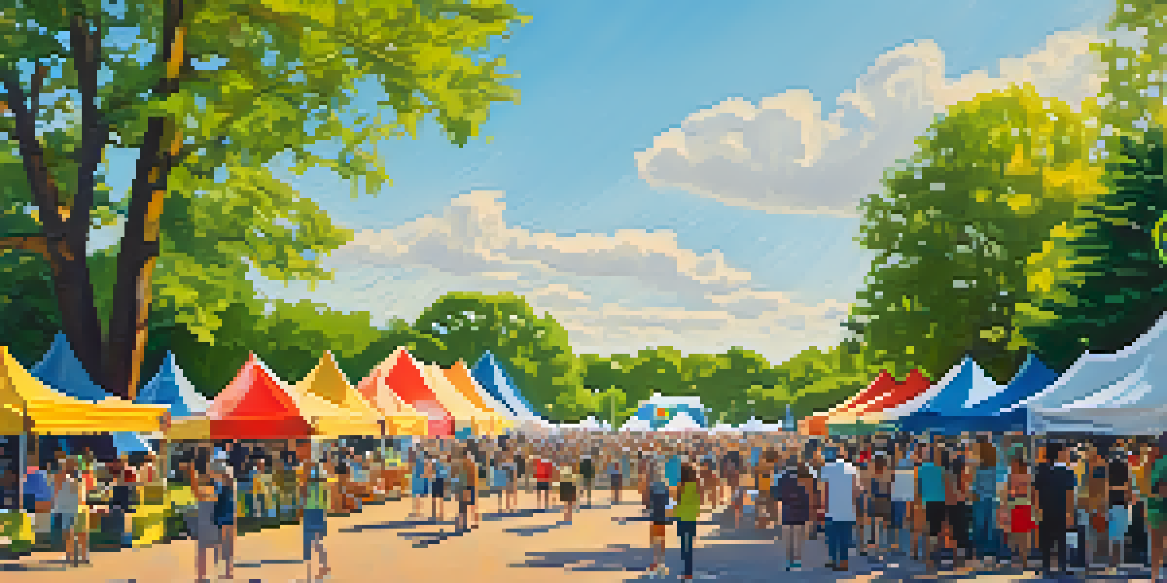 A lively summer festival at Powderhorn Park with diverse people enjoying local art and music under the sun.