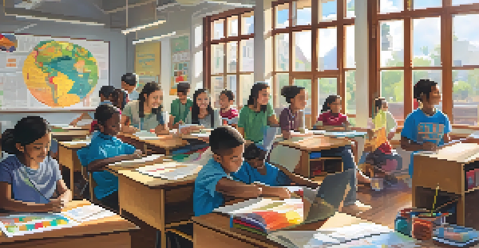 A classroom filled with students of different backgrounds working together on a project, with colorful educational posters and sunlight coming through the windows.