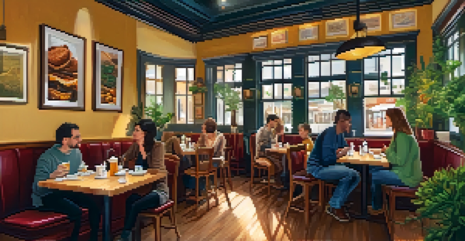 The warm and inviting interior of a café, with patrons enjoying vegan dishes like mac and cheese and desserts, surrounded by wooden decor and plants.