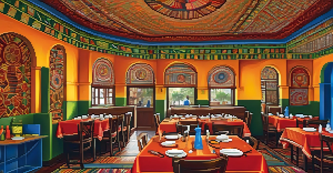 An interior view of a vibrant Ethiopian restaurant with colorful decor and communal dining tables filled with traditional dishes.