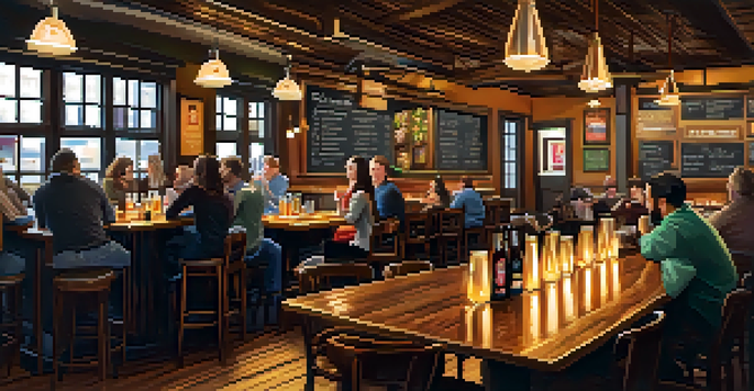 Interior of a cozy brewpub with wooden tables, warm lighting, and patrons enjoying craft beers and gourmet food.