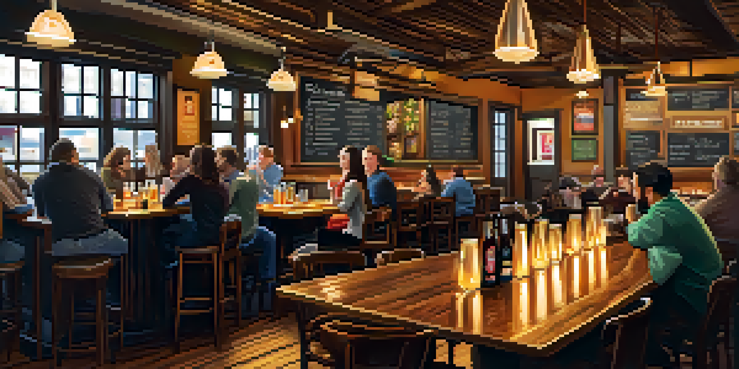 Interior of a cozy brewpub with wooden tables, warm lighting, and patrons enjoying craft beers and gourmet food.