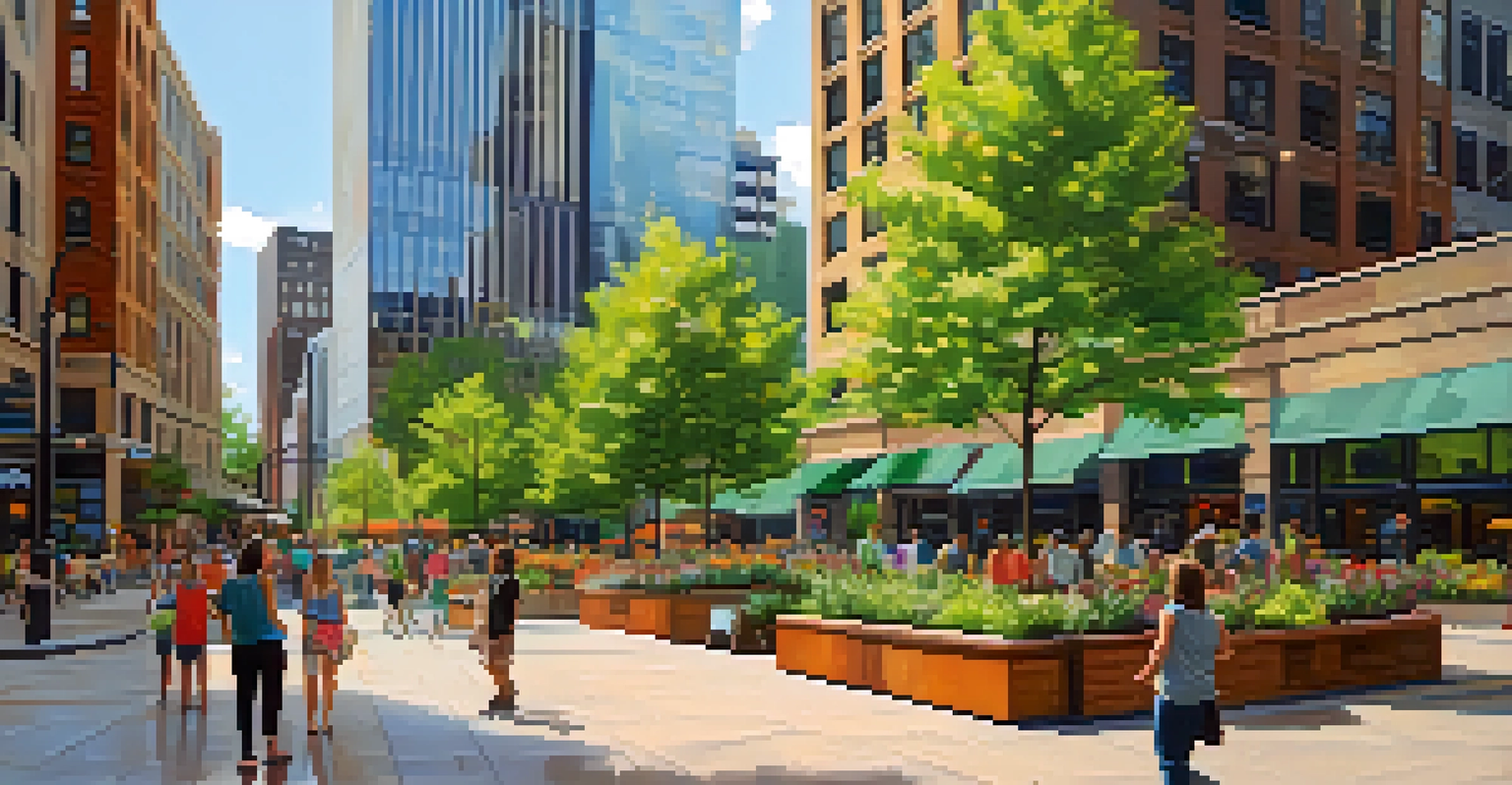 A lively urban scene at Nicollet Mall with art installations and greenery, showcasing people enjoying the public space.