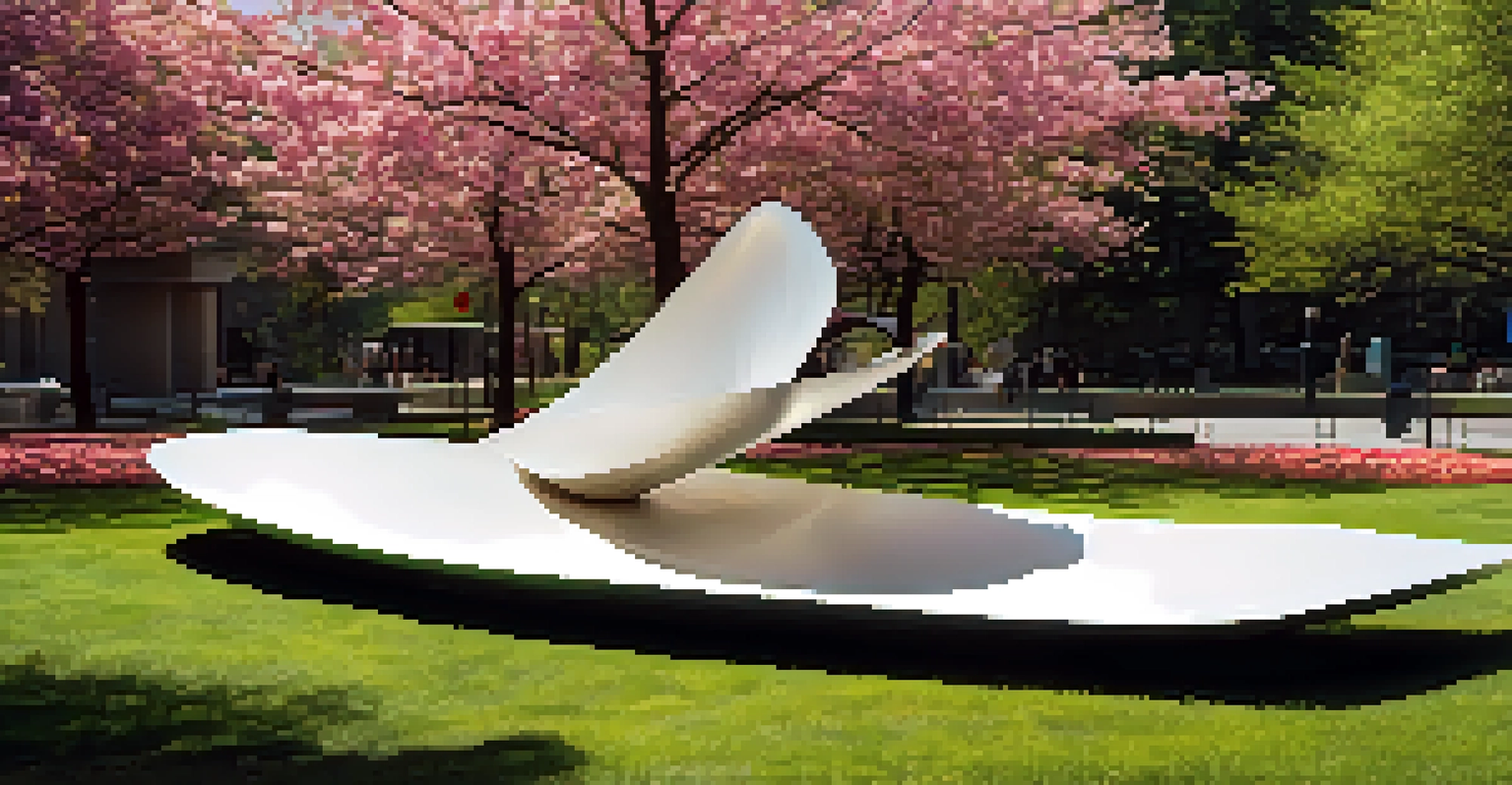 An artistic representation of the Spoonbridge and Cherry sculpture in a vibrant garden setting, surrounded by flowers and greenery.