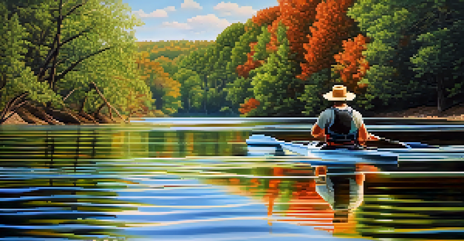 A close-up of the Mississippi River's surface with ripples and reflections, featuring a kayaker in the background and vibrant foliage surrounding the scene.