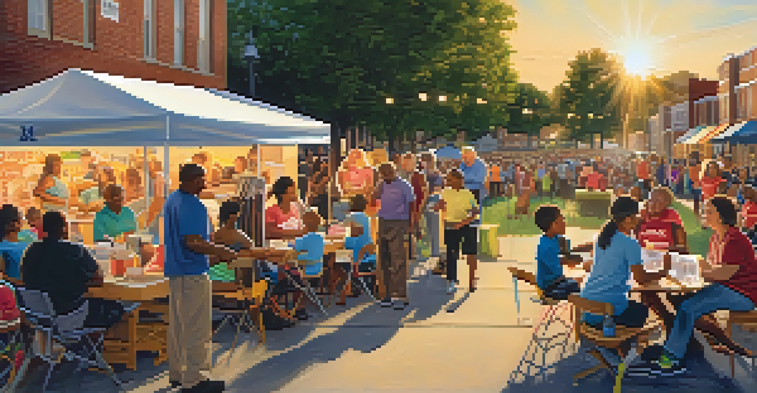 Families and volunteers gathered at a community event in Minneapolis, surrounded by tables with educational resources and a warm sunset atmosphere.