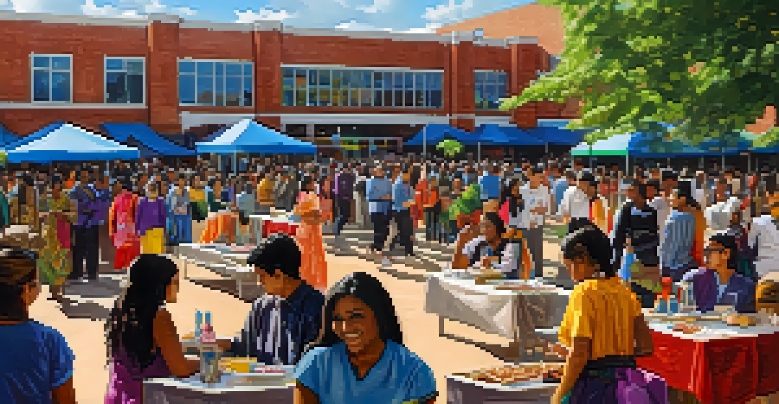 A colorful cultural celebration at a community college in Minneapolis, featuring diverse students and festive decorations.
