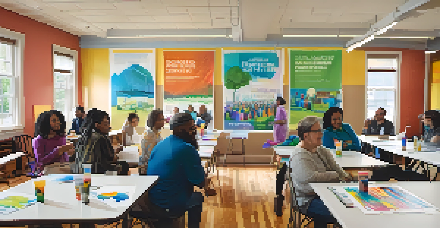 Residents participating in a community engagement workshop in Minneapolis, surrounded by colorful posters and natural light.