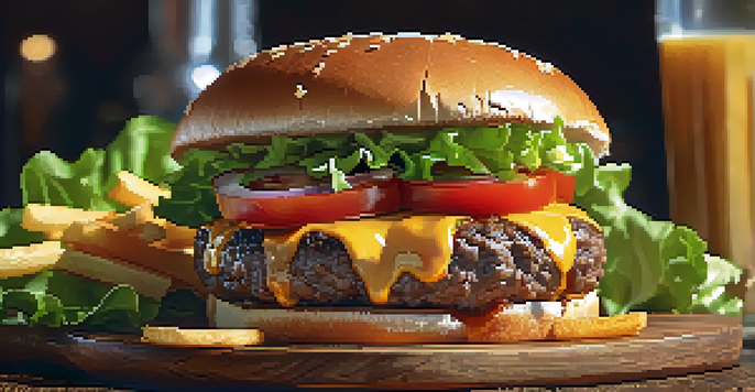Close-up of a Juicy Lucy burger with melted cheese oozing out, garnished with lettuce and tomatoes, on a wooden table with crispy fries.