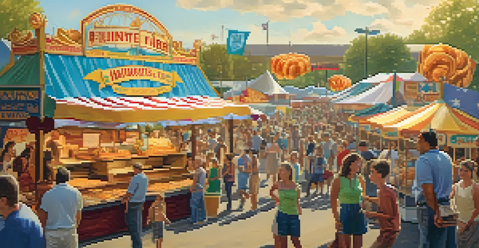 A bustling Minnesota State Fair with colorful food stalls and a crowd enjoying various foods under warm sunlight.