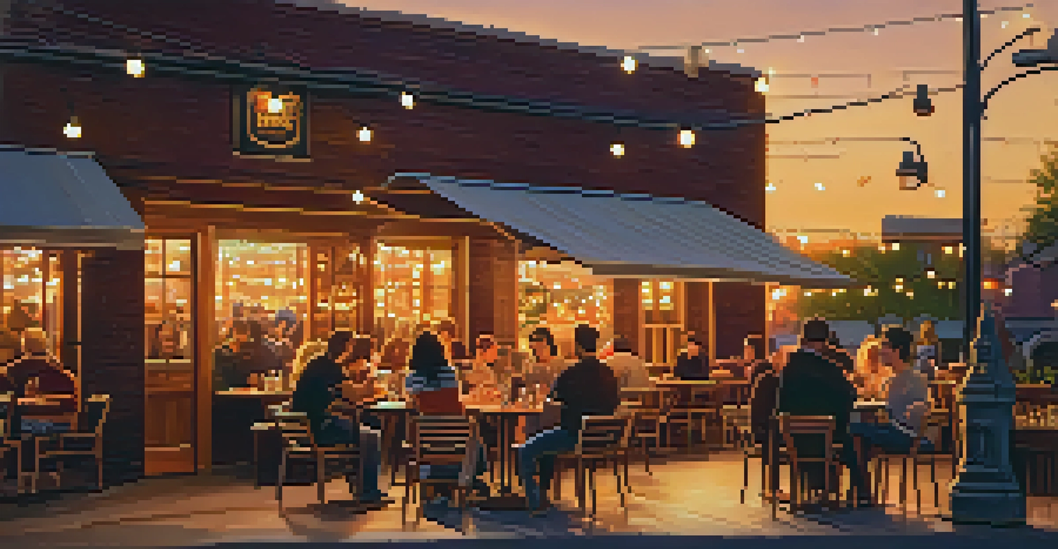 An outdoor patio at a brewpub during sunset, with patrons enjoying craft beers and seasonal dishes under twinkling lights.