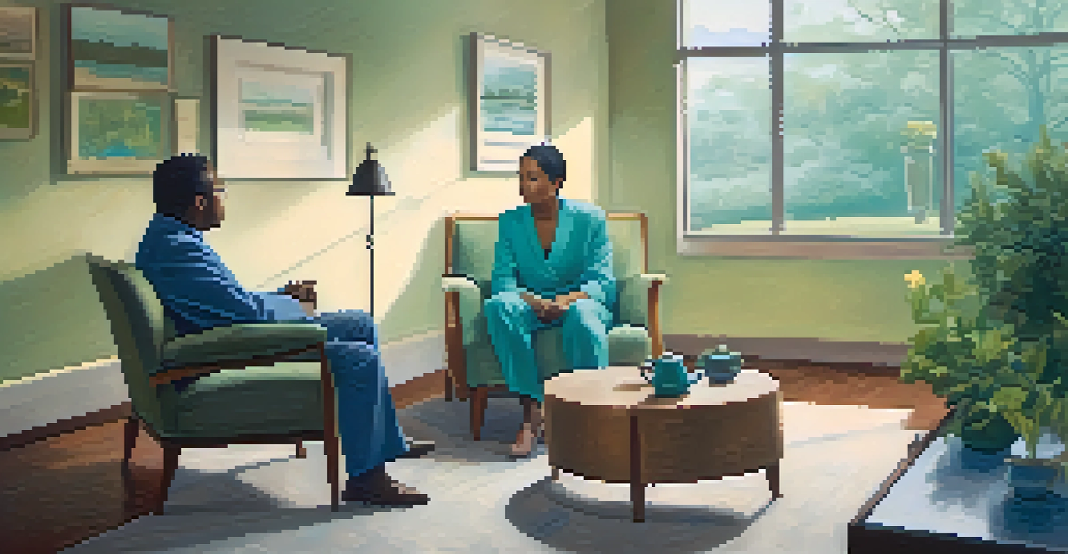 A mental health professional talking with a client in a serene indoor space, promoting a sense of safety and compassion.