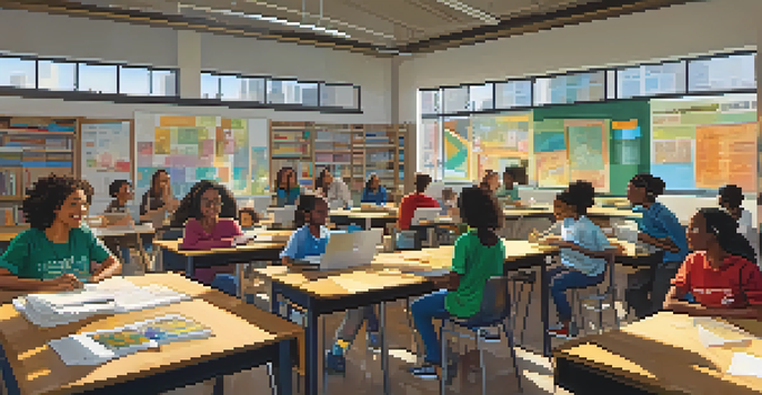 A diverse group of students working together in a bright classroom with a supportive teacher, surrounded by colorful artwork and educational materials.