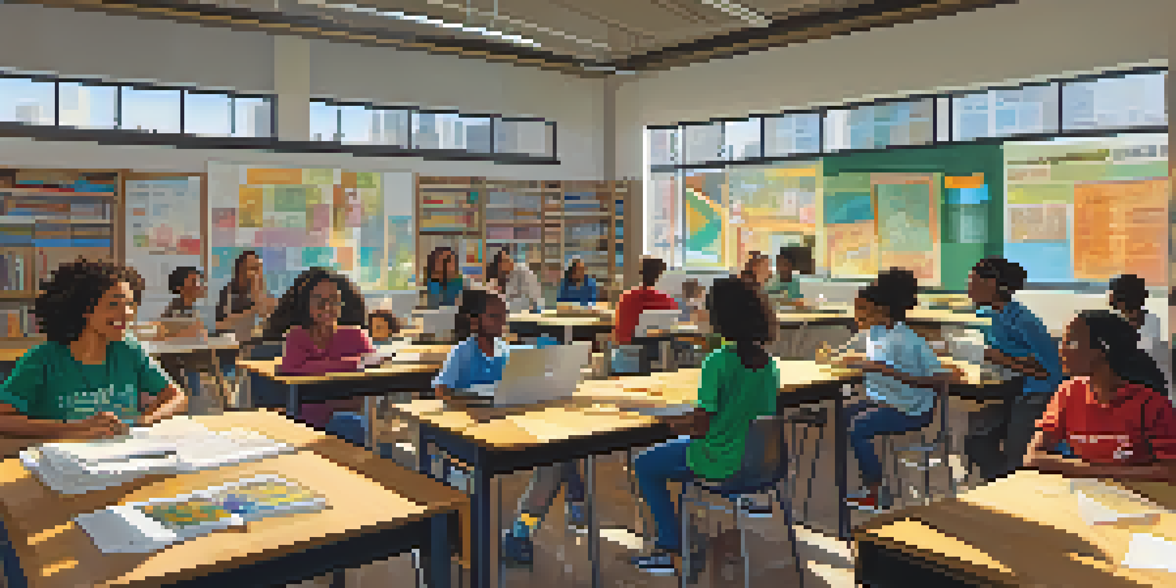 A diverse group of students working together in a bright classroom with a supportive teacher, surrounded by colorful artwork and educational materials.