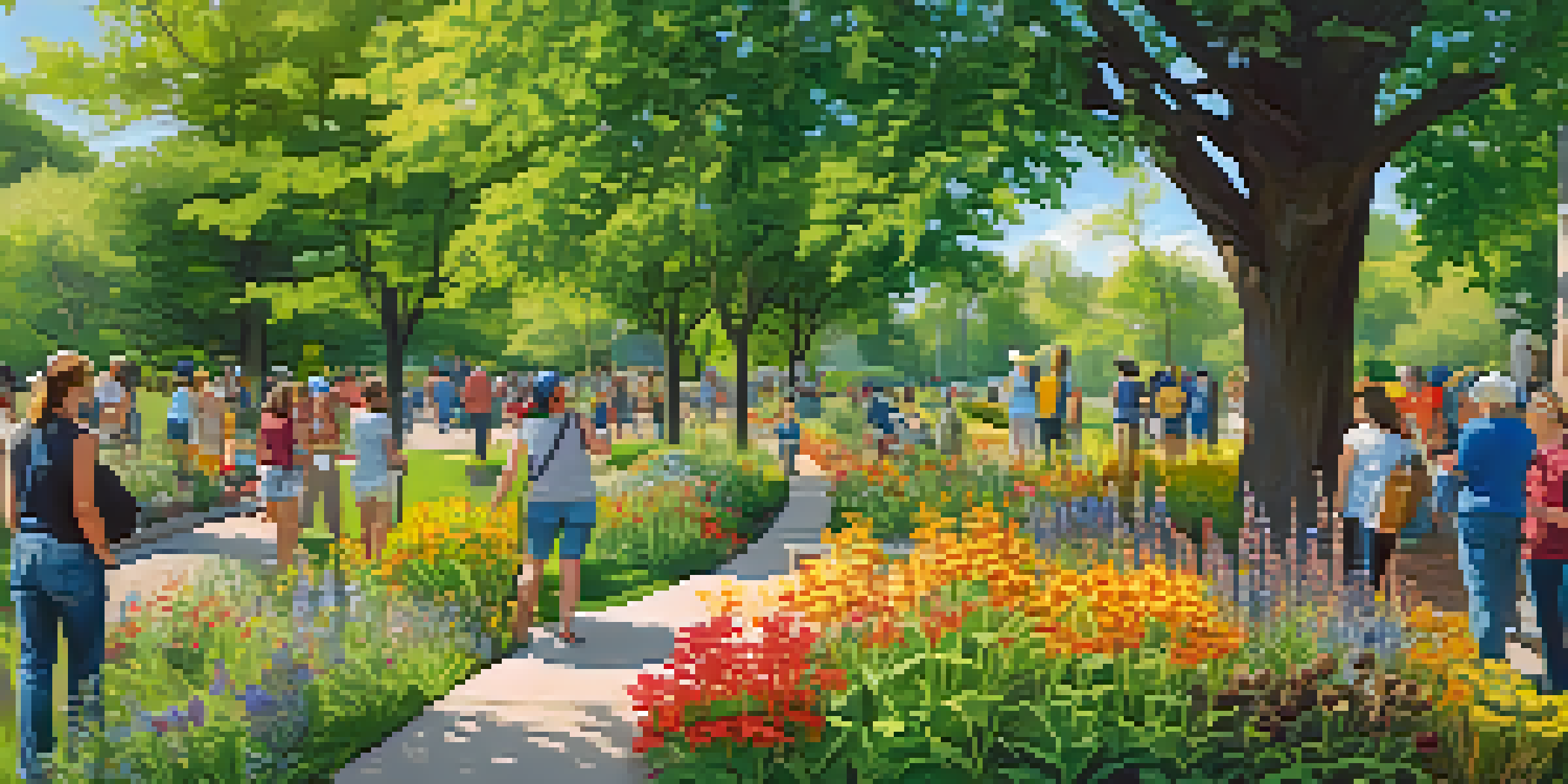 A Minneapolis park with colorful wildflowers and community members planting, under a clear blue sky.