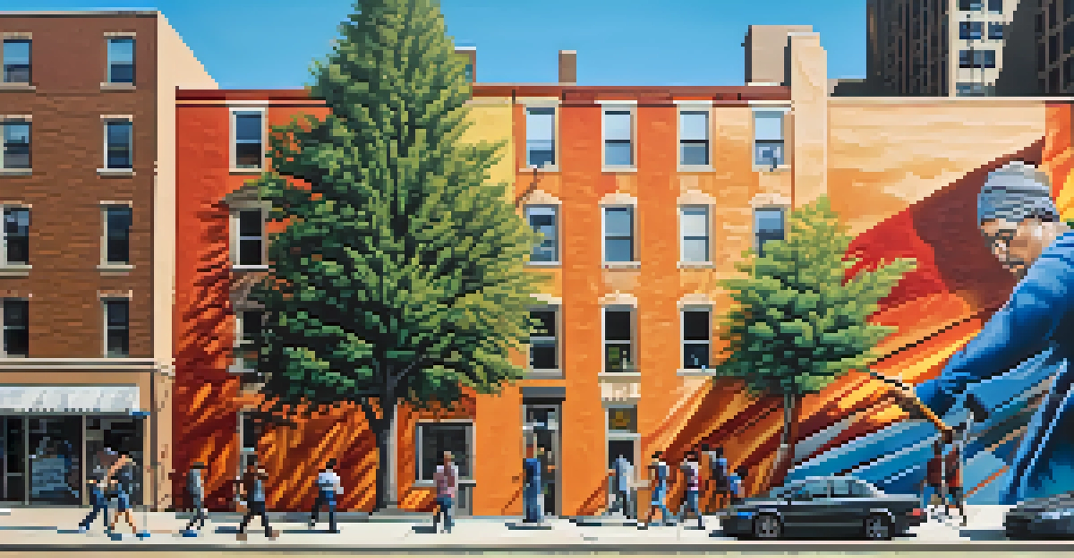 An artist painting a large mural on a city building, with a focus on themes of social justice, set against an urban backdrop with trees and pedestrians.
