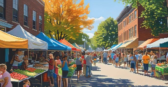 A community gathering in a Minneapolis neighborhood featuring families enjoying a street fair with colorful stalls and children playing.