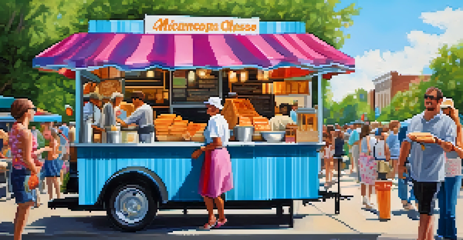 A food vendor at an arts festival, displaying delicious food options and happy customers enjoying their meals.