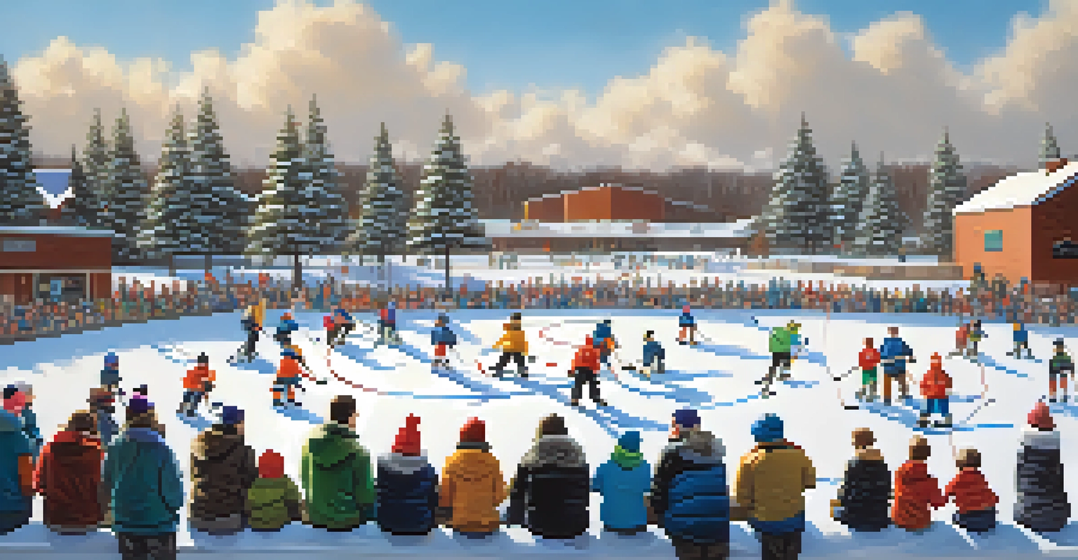 Children playing hockey on an outdoor rink with families watching and enjoying the winter day.