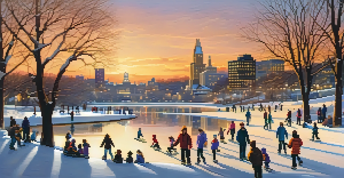 Families ice skating on a frozen lake in Minneapolis during sunset, with city lights and snow-covered trees in the background.