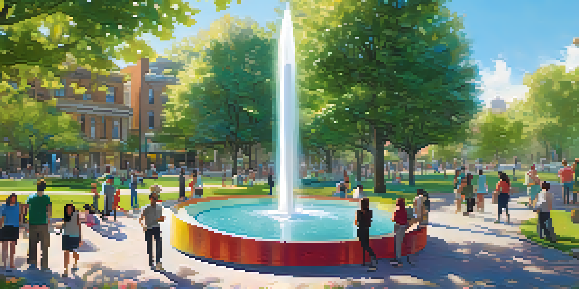 A large whimsical fountain shaped like a spoon with a cherry on top in an urban park, surrounded by people enjoying the colorful flowers and greenery under a clear blue sky.