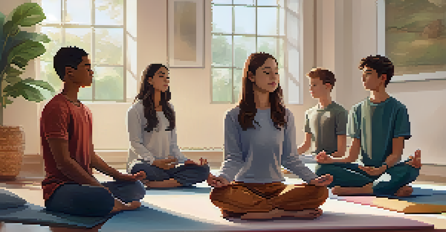Students engaged in a mindfulness workshop in a calming classroom, practicing meditation and relaxation techniques.