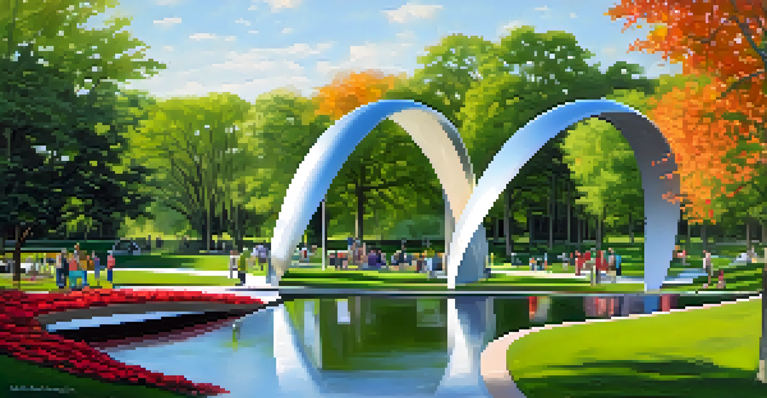 A view of Walker Sculpture Garden with the Spoonbridge and Cherry sculpture amid greenery.