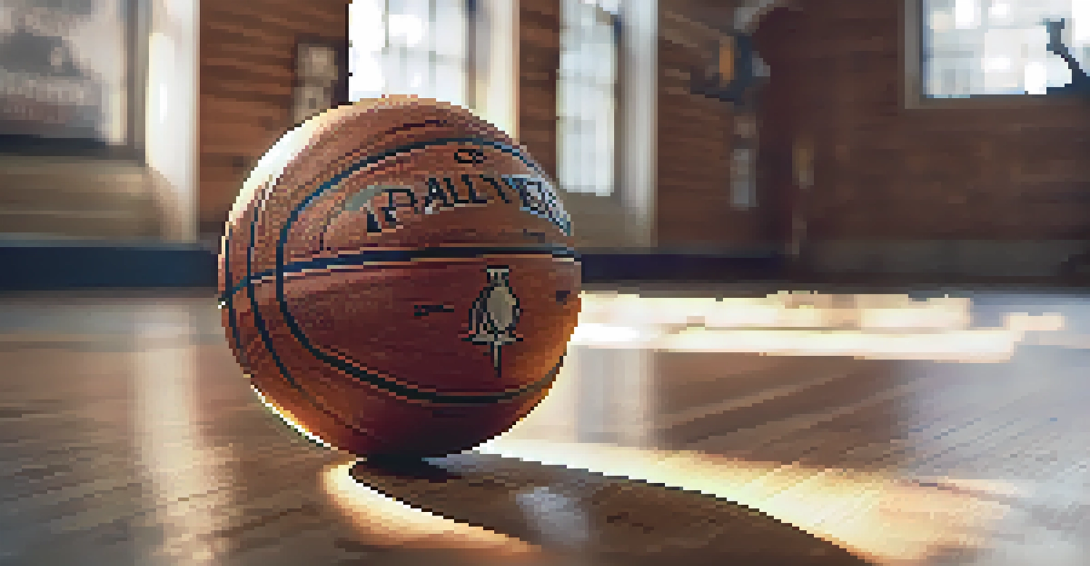 A close-up of a basketball on a wooden gym floor with the Timberwolves logo, illuminated by natural light.