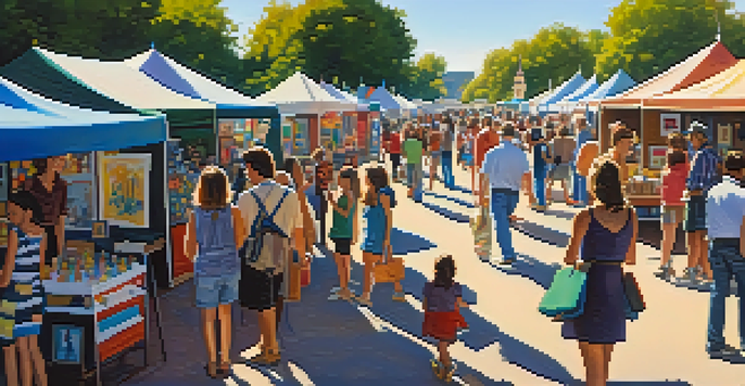 A colorful outdoor art festival with booths showcasing various artworks and people engaging with artists.