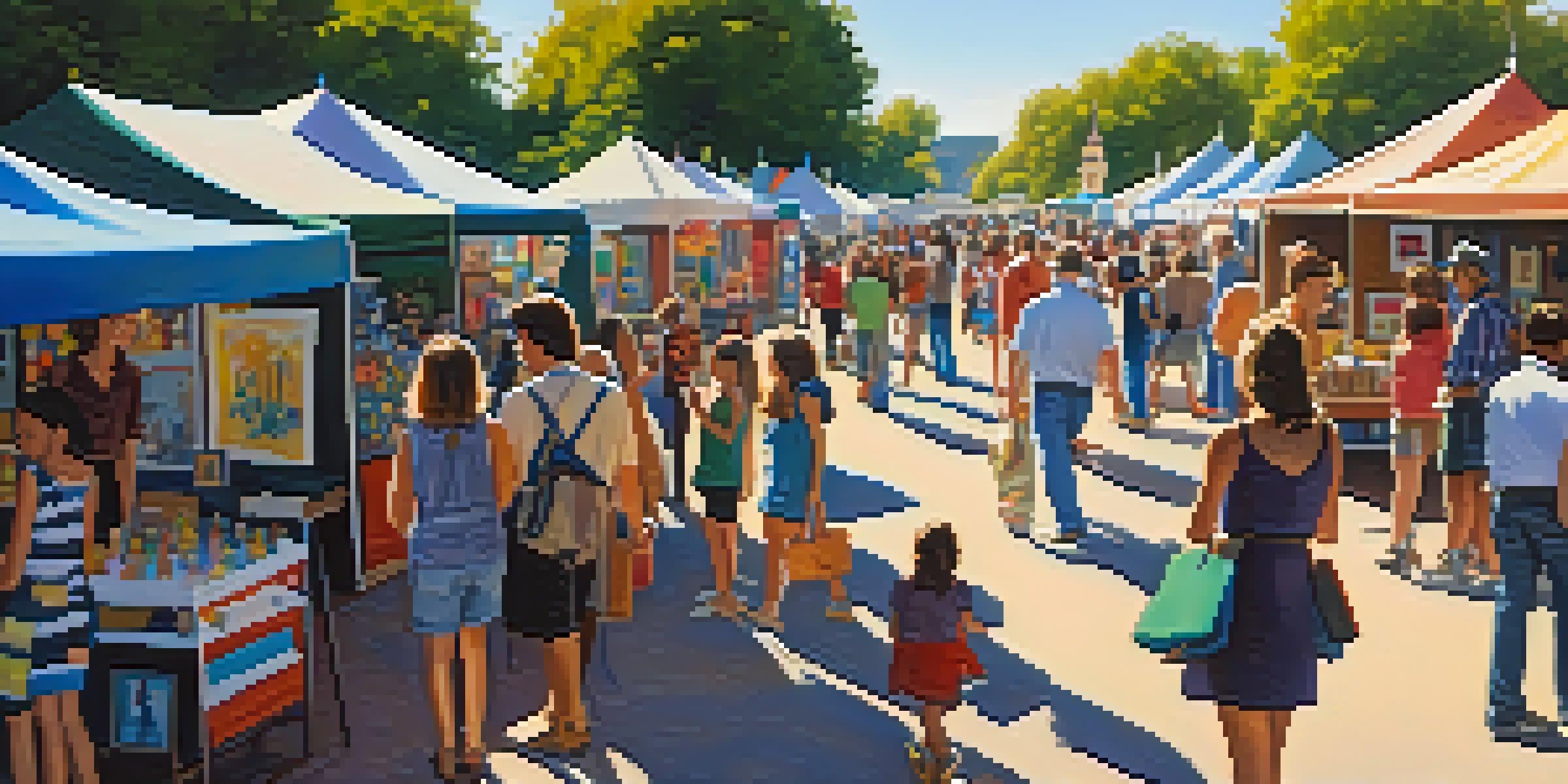 A colorful outdoor art festival with booths showcasing various artworks and people engaging with artists.
