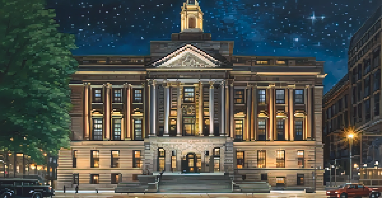 Minneapolis City Hall illuminated at night with a starry sky and bustling surroundings.