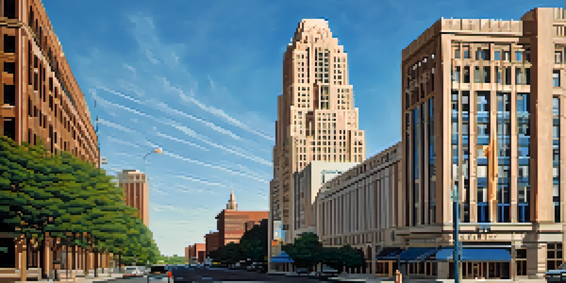 The Foshay Tower in Minneapolis, featuring its ornate Art Deco design and intricate details against a blue sky.