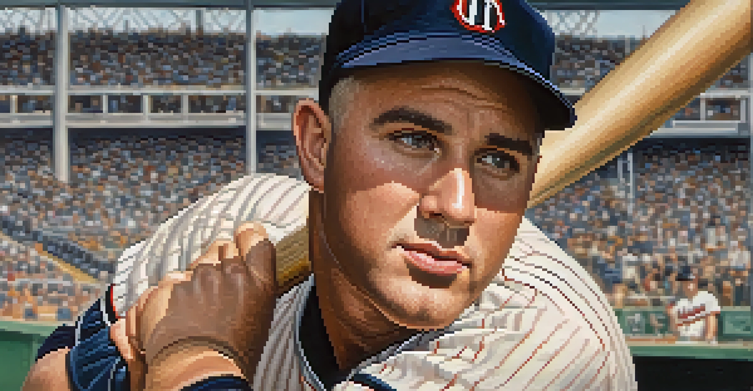Portrait of Harmon Killebrew in a baseball uniform, bat on shoulder, with a blurred baseball field in the background.