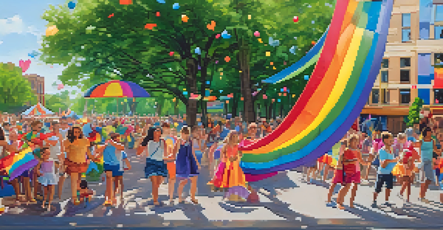 Families celebrating diversity at the Twin Cities Pride Festival with a colorful parade in Loring Park.