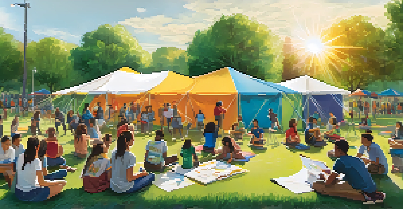 Young individuals participating in an outdoor youth summit in a park, with tents and banners, focusing on workshops and group activities.