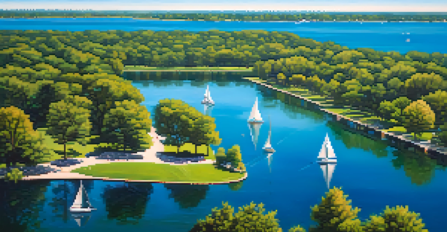 Aerial view of the Chain of Lakes in Minneapolis, showing people enjoying sailing, jogging, and picnicking on a sunny day.