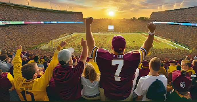 A lively crowd of college sports fans wearing maroon and gold, cheering at a football game with a vivid sunset in the background.