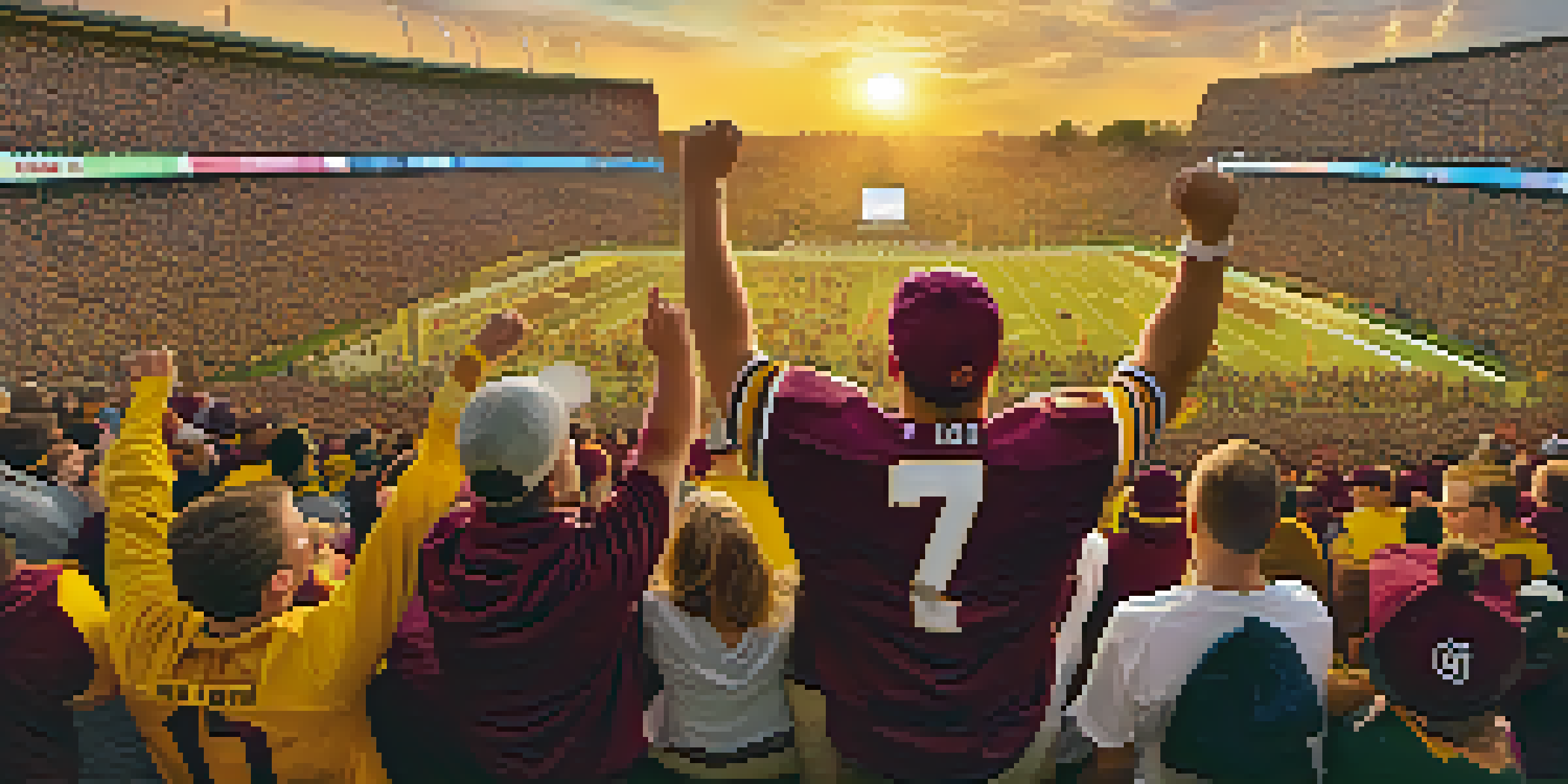 A lively crowd of college sports fans wearing maroon and gold, cheering at a football game with a vivid sunset in the background.