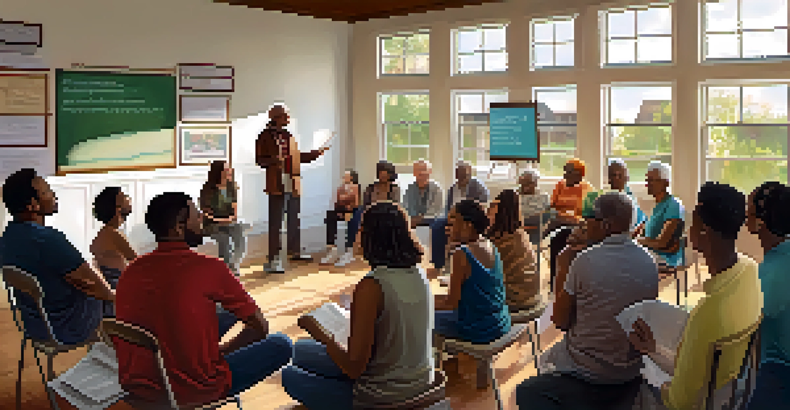 Residents engaged in a community meeting discussing gentrification concerns in a cozy community center filled with natural light.