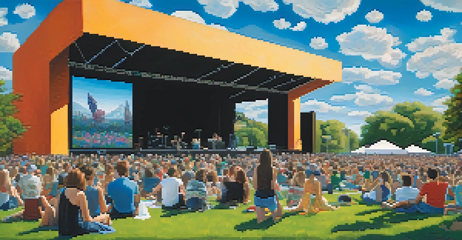 A concert scene at Rock the Garden with a band performing on stage and attendees enjoying the event on the lawn.
