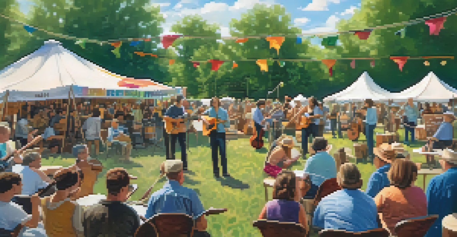 Musicians playing acoustic instruments at the Twin Cities Folk Festival, with an engaged audience joining in a sing-along in an outdoor setting.