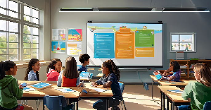 A vibrant classroom with students using tablets and an interactive whiteboard, illuminated by natural light, showcasing a collaborative learning environment.