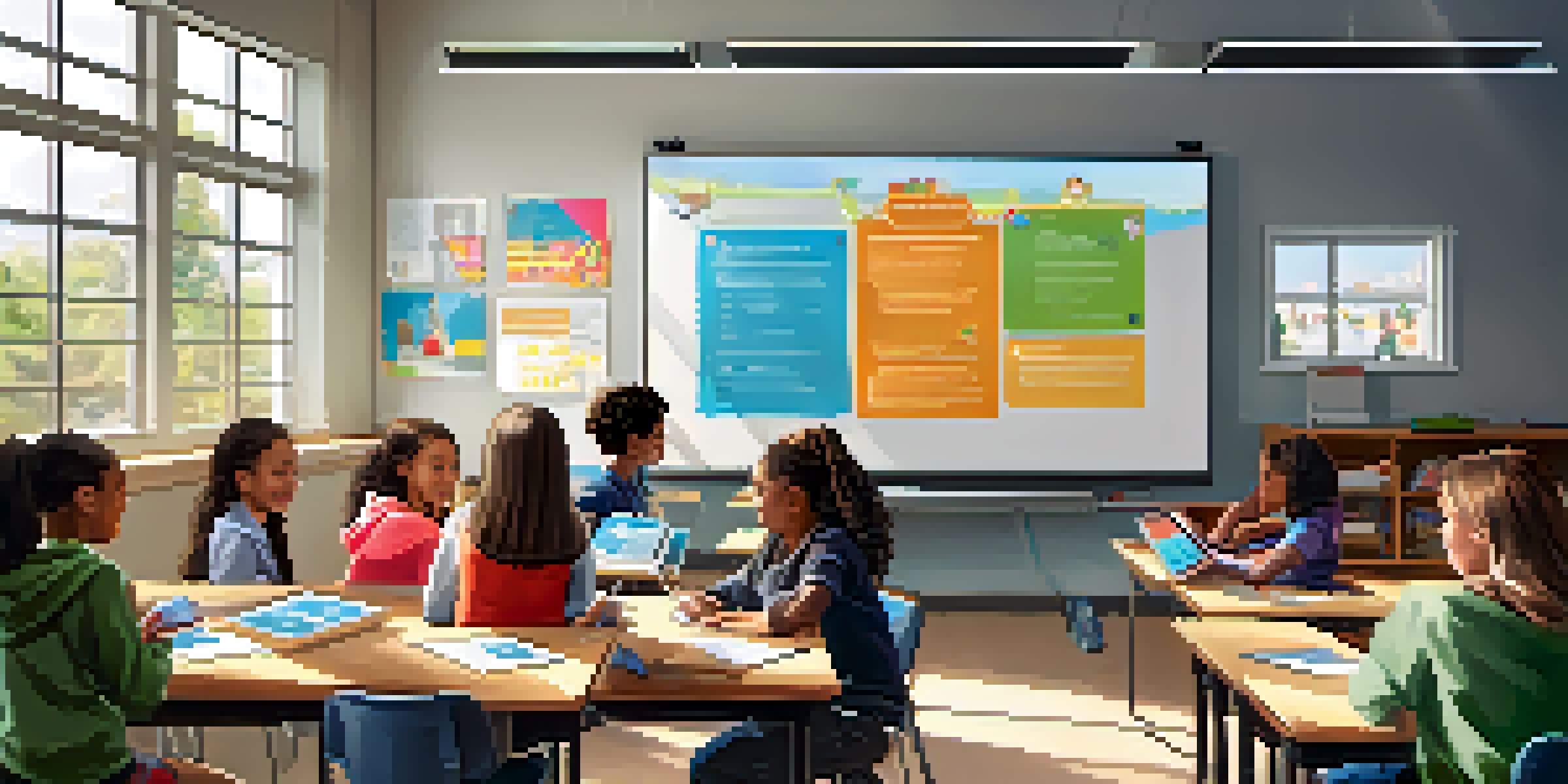 A vibrant classroom with students using tablets and an interactive whiteboard, illuminated by natural light, showcasing a collaborative learning environment.