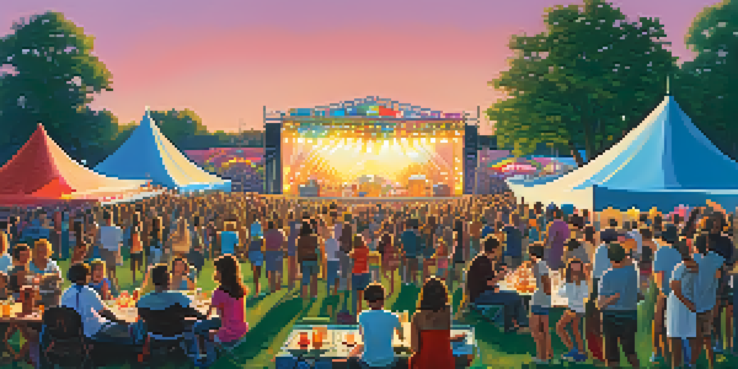 A lively music festival in a park with families enjoying the concert, colorful stage lights, and food trucks in the background.