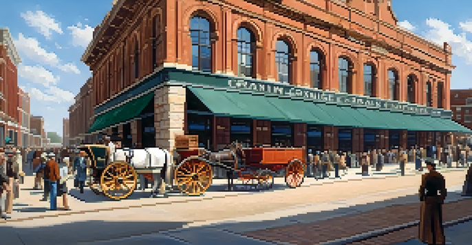 A historical representation of the Minneapolis Grain Exchange filled with traders in 19th-century clothing, with horses and carts, under a bright blue sky.