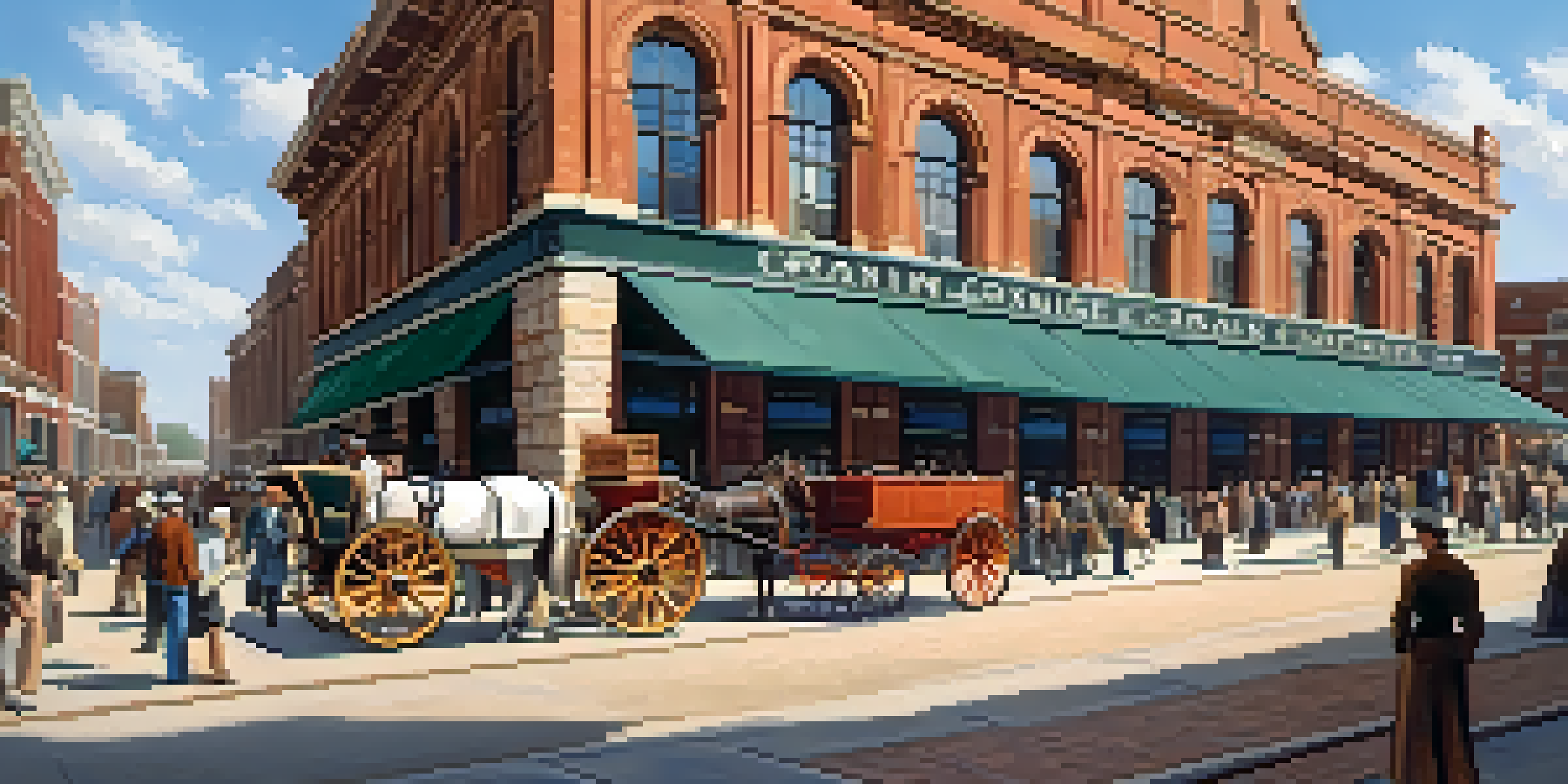 A historical representation of the Minneapolis Grain Exchange filled with traders in 19th-century clothing, with horses and carts, under a bright blue sky.